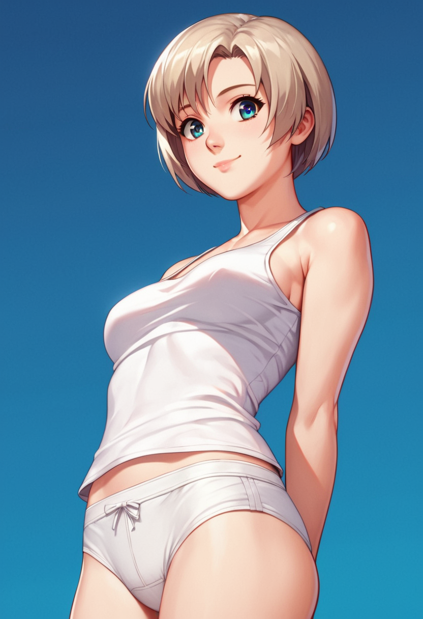 score_9, score_8_up, score_7_up, score_6_up, 1girl, solo, <lora:Nene_Romanova_-_Bubblegum_Crisis_Tokyo_2040:1>, Nene, tank top, white underwear, detailed eyes, perfect face, perfect eyes, sexy, sexy girl, beautiful eyes, petite body, medium breasts, standing, arms behind back, posing, light smile, simple background, from below, dynamic angle