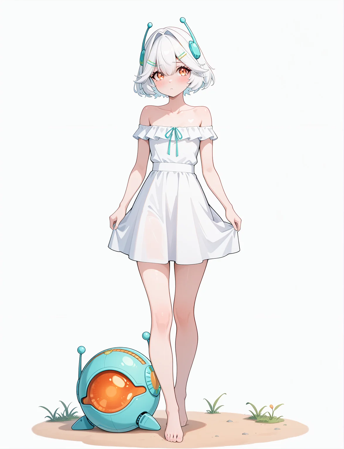 full body,
<lora:EllieMinibotV1:1> ellieminibot, white hair, bangs, hair between eyes, short hair, hairclip, hair hair intakes, orange eyes, hair ornament, collarbone, bare shoulders, teal ribbon, off shoulder dress, white dress, barefoot,, masterpiece, best quality, amazing quality, very aesthetic, absurdres, newest