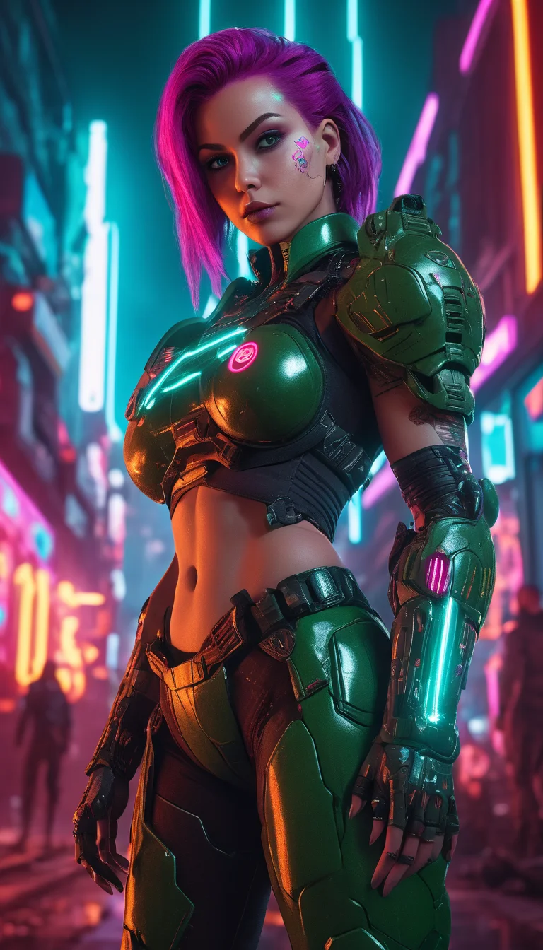 cinematic photo Female Doomguy, reimagined in a cyberpunk universe, colorful cyberpunk surroundings, cyberpunk, cyberpunk outfit, cyberpunk art style, glowing multicolored neon lights, cinematic scene, detailed background, piercing eyes, masterpiece, best quality, high quality, intricate, ultra detailed, highres, absurdres, 16k resolution <lora:doomguy_xl_v1:1> <lora:add-detail-xl:1> <lora:neg4all_bdsqlsz_xl_V7:1> . 35mm photograph, film, bokeh, professional, 4k, highly detailed