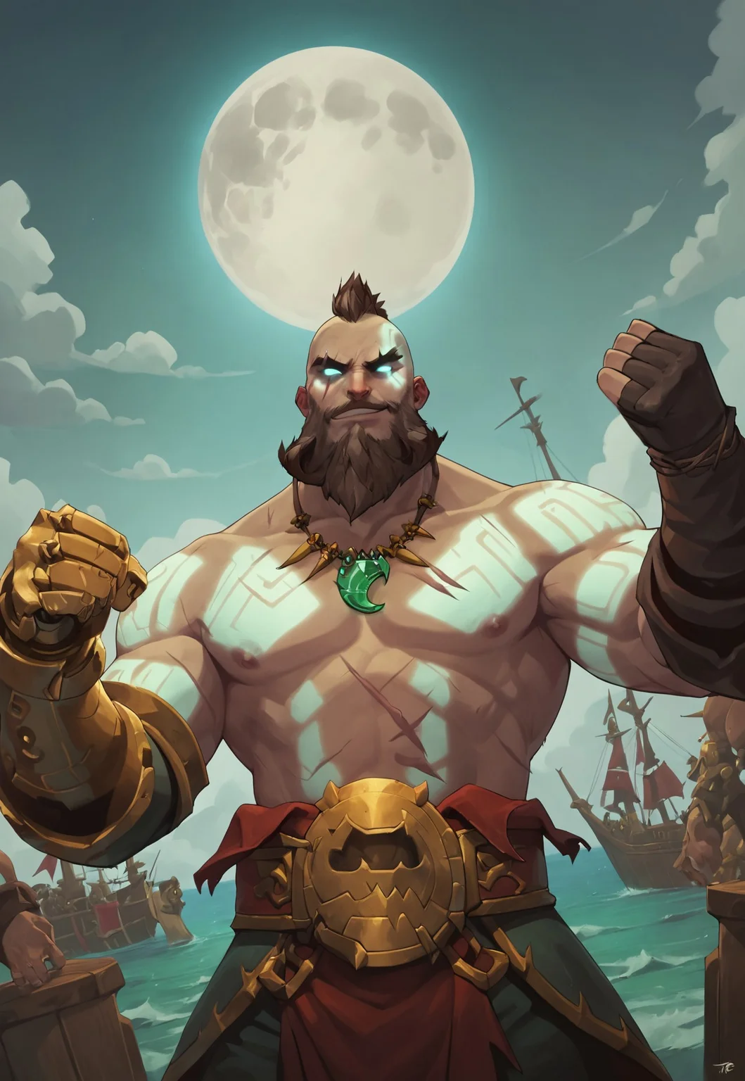 score_9, score_8_up, GangplankTB, gauntlet, fingerless glove, mohawk with short ponytail, tattoo, scar across eye, scars on body, brown hair, beard, facial hair, necklace with green gems, muscular, topless, detailed background, harbor, pirate ship, night, green mist, moon, portrait, dynamic pose, looking at viewer, smirk, dutch angle, raising a fist, nipples, glowing eyes, glowing tattoos, bloom,