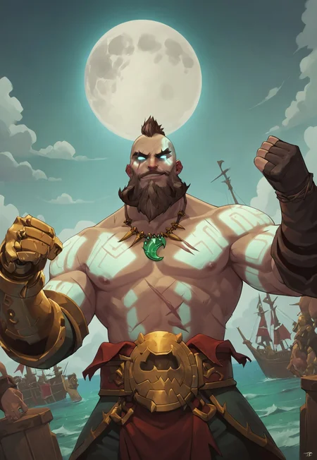 score_9, score_8_up, GangplankTB, gauntlet, fingerless glove, mohawk with short ponytail, tattoo, scar across eye, scars on body, brown hair, beard, facial hair, necklace with green gems, muscular, topless, detailed background, harbor, pirate ship, night, green mist, moon, portrait, dynamic pose, looking at viewer, smirk, dutch angle, raising a fist, nipples, glowing eyes, glowing tattoos, bloom,