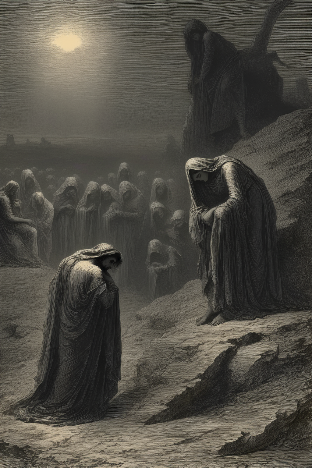 <lora:Gustave Dore Style:1>Gustave Dore Style - An illustration in the characteristic style of Gustave Dor representing Limbo. The image shows a bleak and gloomy landscape, with a series of human figures wandering in an atmosphere of melancholy and loneliness. Virtuous souls, like pagan philosophers and unbaptized children, are portrayed in thoughtful and sad poses, separated from the divine light. The detail and expressiveness of the figures, combined with the rendering of the light and shades, contribute to create an atmosphere of sadness and separation.