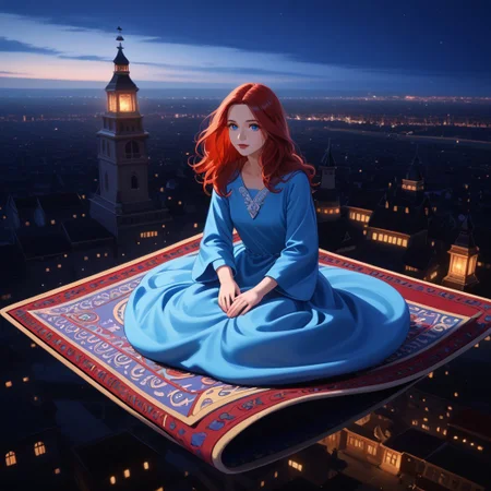 1 girl, red hair, blue eyes, blue long dress, long sleeves, magic carpet, sitting on magic carpet, above the night city