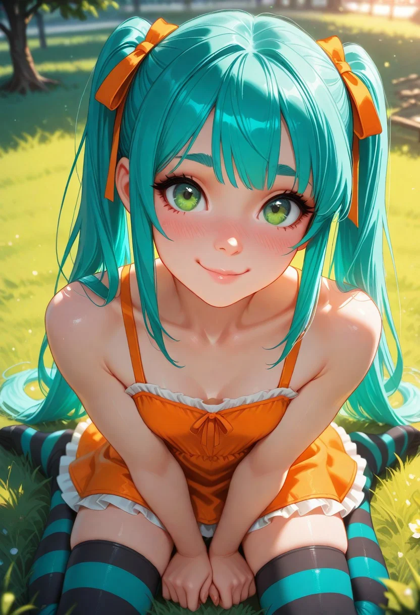 masterpiece, best quality, amazing quality, volumetric lighting, (by_neoartcore:0.1), BREAK, 1girl, 25 years old,
detailed face, portrait, face focus, depth of field, looking at viewer, blush, shy smile,
green eyes,
aqua hair, long hair, twintails, sidelocks, thick eyebrows, eyebrows hidden by hair, hair ribbon, orange ribbon,
frilled dress, orange dress, sleeveless dress, bare shoulders, collarbone,
striped thighhighs, black thighhighs, aqua thighhighs,
sitting, wariza, hand between legs, v arms, no shoes,
on grass, park, from above,
looking at viewer,
