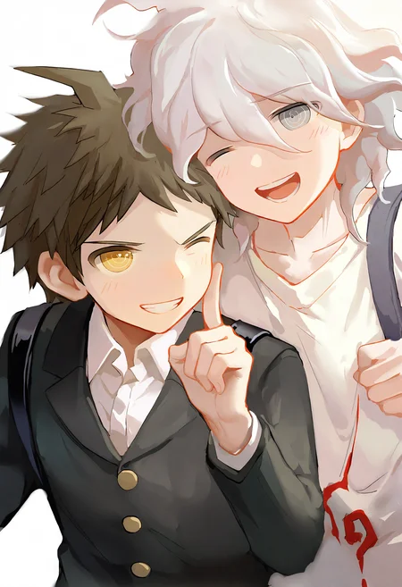 2boys, male focus, multiple boys, komaeda nagito, hinata hajime, 
smile, short hair, one eye closed, teeth, brown hair, open mouth, ahoge, shirt, backpack, white background, looking at another, brown eyes, simple background, upper body, bag, collared shirt, black jacket, long sleeves, jacket, blush, grin, grey hair, white hair, grey eyes, black bag, messy hair, hands up, hair between eyes, white shirt, very awa hime \(project sekai\), long bangs, looking at viewer, buttons, closed mouth, v-shaped eyebrows,
masterpiece, best quality, newest, absurdres, highres, safe
 <lora:Dhiea1_noob1.1-000177:1>