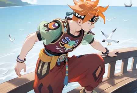 score_9, score_8_up, score_7_up, 1boy, spiky orange hair, pauldrons with faces, jeweled headband, print shirt, green sleeves, bracelets, belt with dangling straps, red baggy pants, shoes, ((solo)), boat backdrop, ocean, seagulls, 