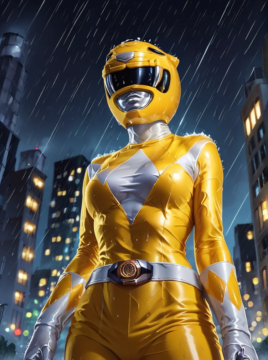 score_9, score_8_up, score_7_up, score_6_up, BREAK 
tiger_ranger, woman, mighty morphin power rangers, yellow power ranger,  background city, torrential rain, wet, thunder, night, lights, seen from below, <lora:Tiger_Ranger:1>