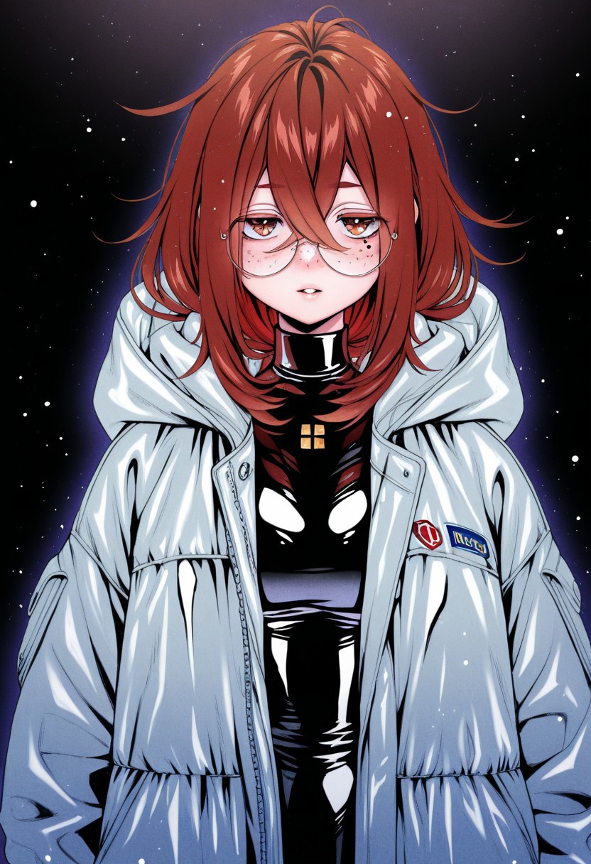 hogerarara, traditional media, highres, official_art, parted lips, looking at viewer, round eyewear, detailed face, freckles, red hair, brown hair, hair between eyes, mole under eye, oversized jacket, shiny clothes
