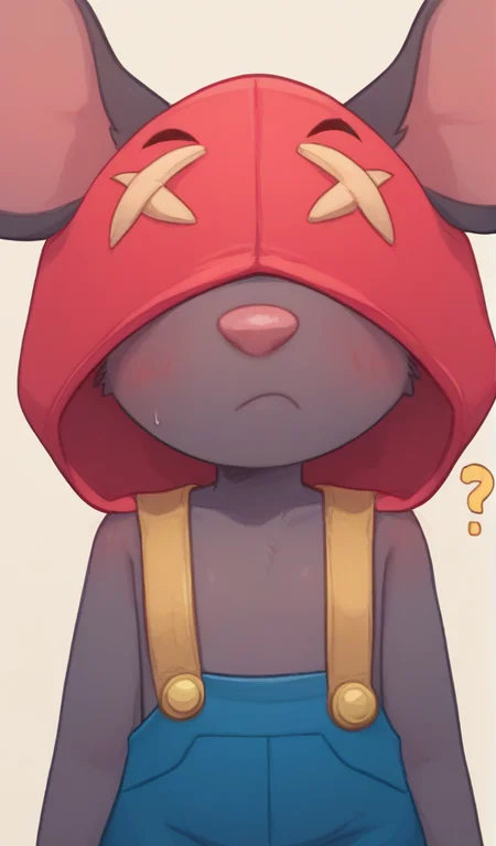 Score_9, Score_8_up, Score_7_up <lora:bsmoe:1>,bsmoe ,mouse girl , furry female , red hood ,no visible eyes ,overalls, flat chest , no nipples , <lora:PossumMachine:1>posmach , blush , confused ,??? ,looking at viewer, nervous, upper body, portrait,