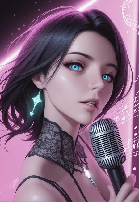 1girl,milf,parted lips,glossy lips,eyelashes,cyberpunk vibe,kpop star, music notes floating,microphone.singing,emotional,
available light,Glowing neon reflection,subtle shadows,
refined elegance,high-angle,elegant neckline,soft shoulder curve,gentle tilt, depth of field,focused subject,dynamic low angle,side view,dutch view, looking at viewer,face focus, dynamic motion, expressive,
masterpiece,best quality,amazing quality,very aesthetic,absurdres,newest,detailed eyes,
A professional,high-quality,hyper-realistic portrait of a woman, 3D,
reij-rdfg <lora:contour:0.9>