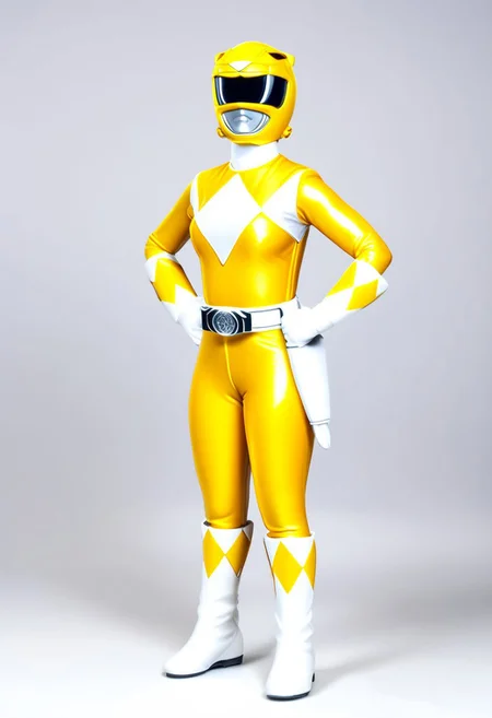 figurine, figurine, figurine of bald female yellow-power-ranger, alone, morphed, helmet, yellow catsuit, white gloves belt boots holster, standing square-on, plain grey studio background, arms down by sides, full body photo, hyperdetailed photography