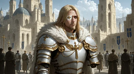 Good quality, amazing quality, (painterly: 0.6), (brushwork:0.7), realism, high fantasy, 1boy, solo, long hair, blonde hair, goatee, (white eyepatch with gold cross, three stars), blue eye, (gruff face, scarred, battle hardened), (tired, determined:1.1), BREAK,
(plate armor, white armor, gold filigree, gold cross design, gold chain), (one arm, missing arm:1.3), white fur cloak, grand white-and-gold holy city background, harah lighting, cinematic, (white banners, gold crosses:1.4), BREAK