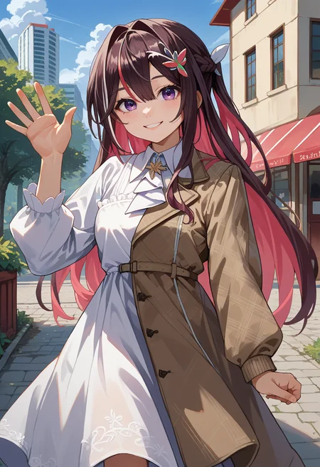 score_9, score_8_up, source_anime, 1girl, solo, AzkiDefault, multicolored hair, long hair, french braid, hair ornament, white ascot, collared dress, two-tone dress, white dress, brown dress, brown jacket, asymmetric jacket, outdoors, waving at viewer, smile, <lora:ChamAZKiPonyXL:1>