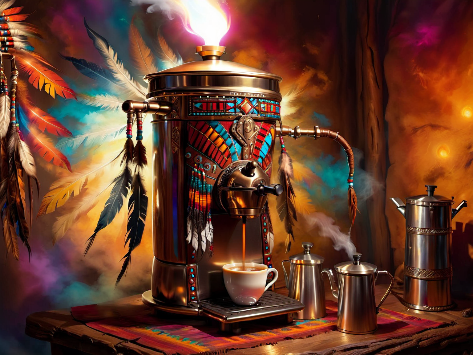 <lora:CulturePunkAI_1Pruned:.9> TotemPunkAI Sioux  coffee machine   (Highly detailed, amazing fantasy setting), (Shiny Impressive lighting), (Colorful, Ultra Realistic, High quality, Highly detailed, Sharp focus, 8K UHD, Art photography), (trending on artstation)