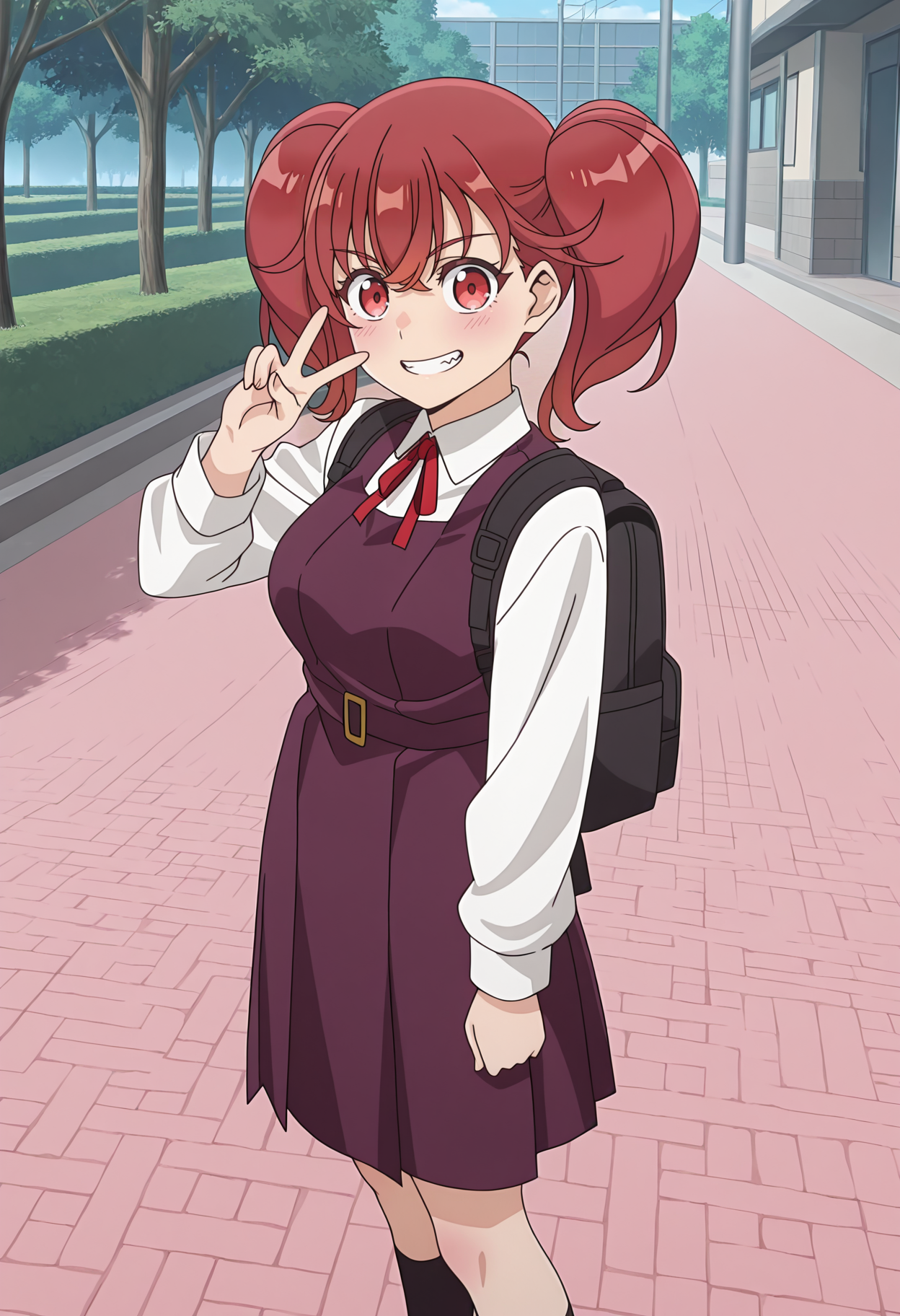 highres, best quality, masterpiece, outdoors,
anime screencap,
1girl, solo, edmfkoma, twintails, red hair, red eyes,
school uniform, collared shirt, white shirt, red ribbon, long sleeves, brown dress, purple dress, pinafore dress, black socks,
looking at viewer, blush,
backpack, black bag, from side, v, smile, teeth,
<lora:_koma_otaku_elf-elesico-ilxl:1>