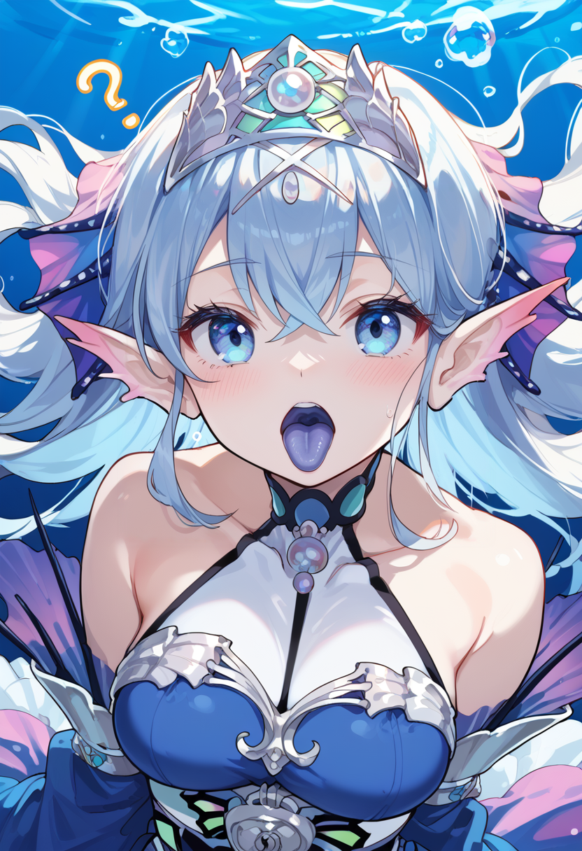 (score_9:0.9),score_8_up,score_7_up,rating_explicit,(zPDXL3),high res image,masterpiece,best quality,
<lora:Tearlaments Kitkallos PonyXL v5:0.74>,blue dress,tearlaments kitkallos,silver tiara,blue detached sleeves,1girl,solo,open mouth,underwater,looking at viewer,air bubble,medium breasts,?,ocean,mermaid,sleeves past wrists,upper body,blue mouth,blue tongue,
