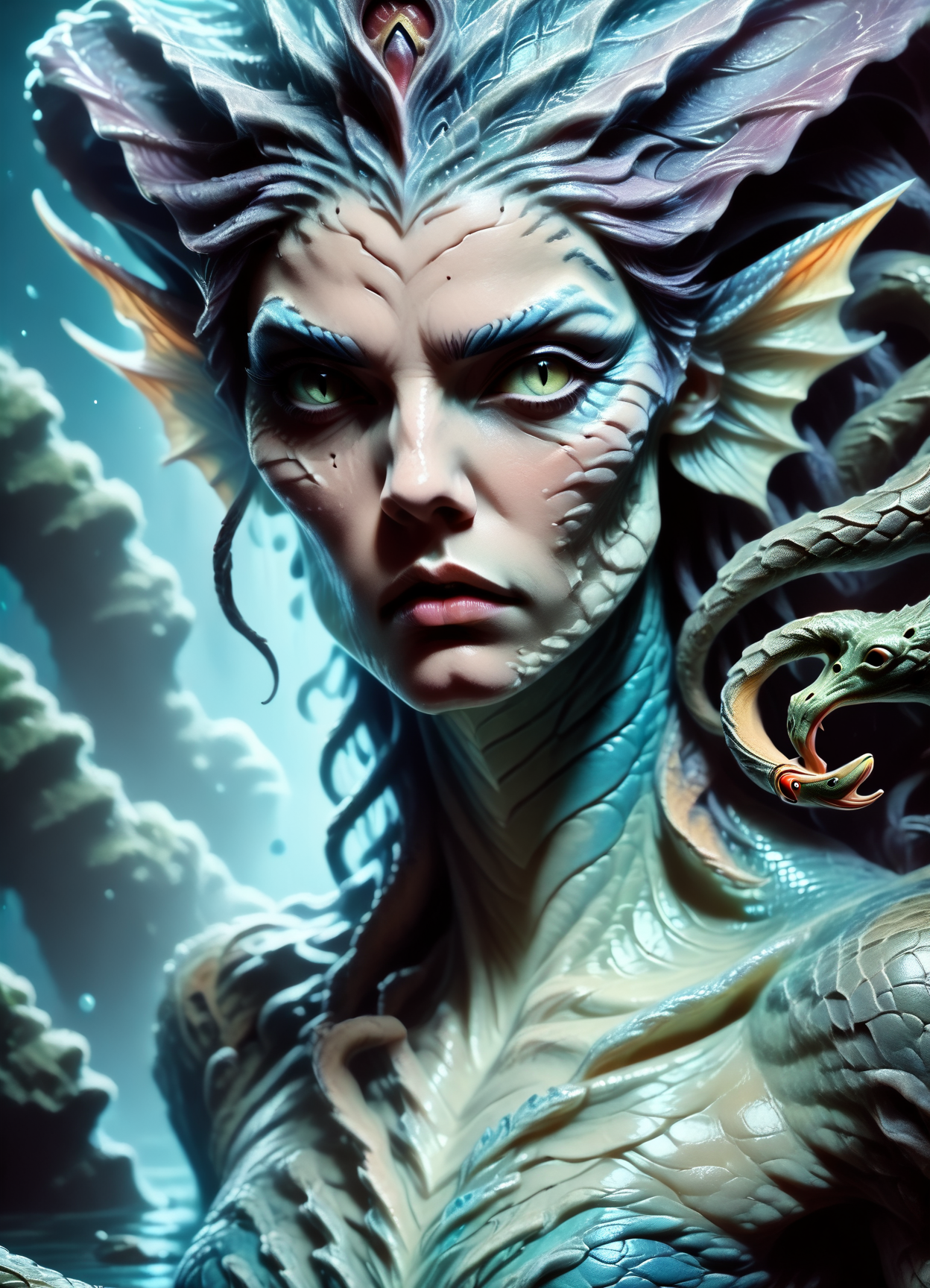 DonMGl00my1c3XL,score_9, score_8_up, score_7_up, score_6_up, cockatrice, serpent mythical creature, human upper body, snake lower body, multiple snake heads,  scaled snake skin,  fins, water, fertility, protection, powerful, rating_safe <lora:DonMGl00my1c3XL-pony:0.9>