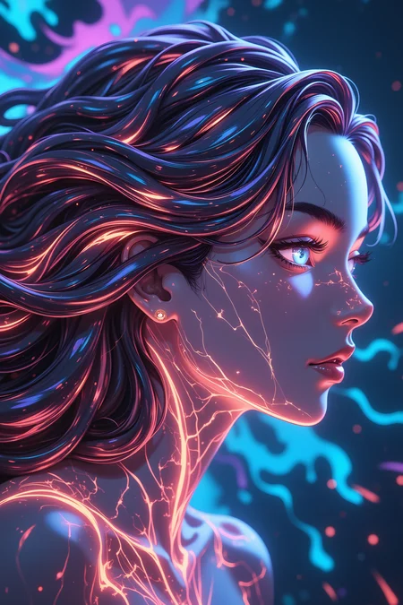 A portrait of a woman with flowing hair made entirely of molten glass, shimmering and reflecting light in mesmerizing patterns. Her eyes are made of liquid mercury, giving them a surreal, fluid quality as they catch the light in various hues. Her skin is translucent, with veins of glowing neon running through it, like circuitry in a living machine. The background is a swirling vortex of abstract, iridescent colors that seem to merge with her form, blurring the lines between her and the environment. The overall composition is otherworldly, blending elements of futuristic technology and organic beauty.<lora:aesthetical-000003:0.15><lora:aidmaNSFWunlock-FLUX-PonyStyle-v0.1:0.15><lora:Flux-jijia:0.1><lora:GLSHS:0.6>