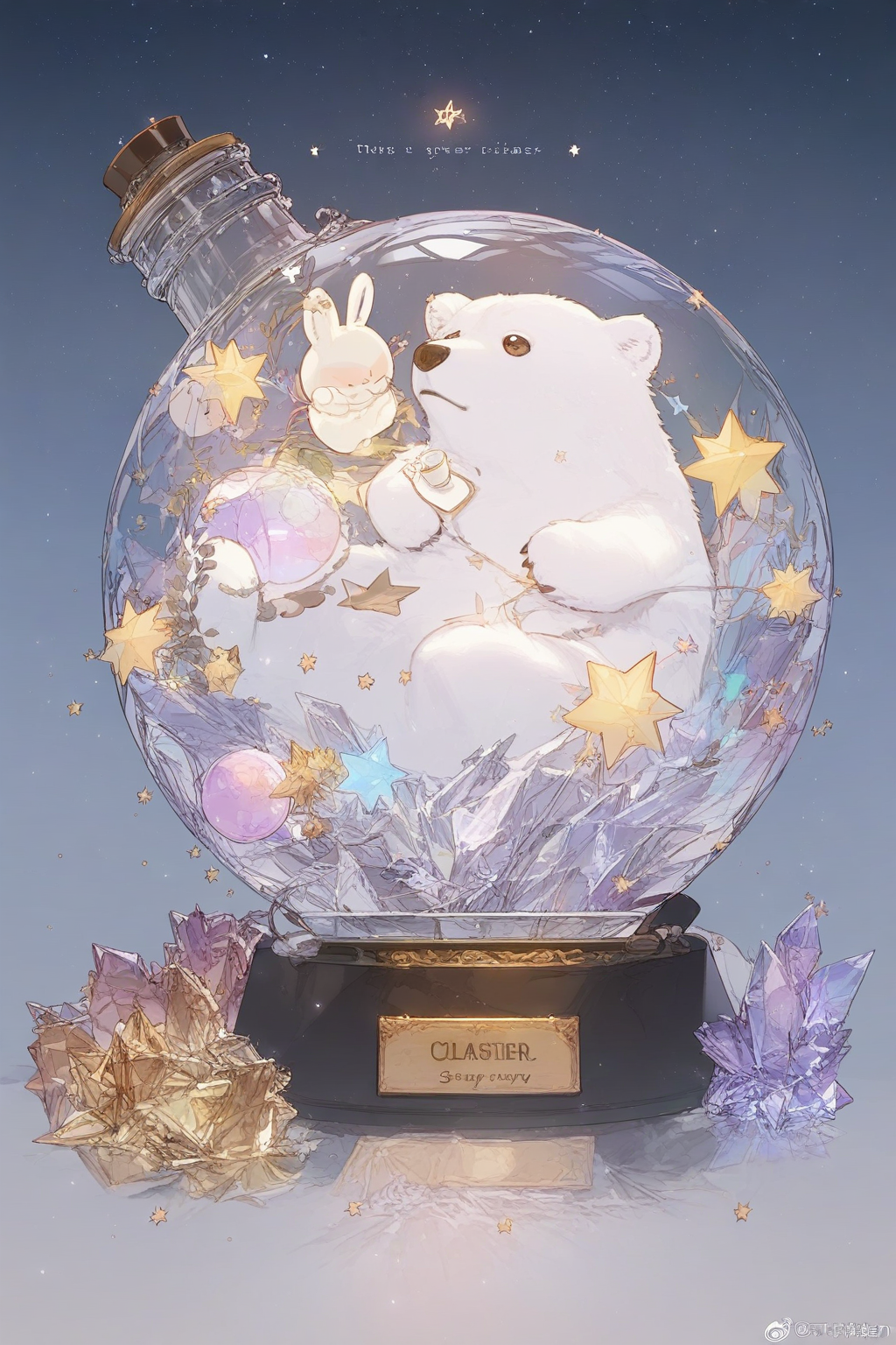 Simple Flat Coloring,ZX light,Crystal ball,ZX light,Simple Flat Coloring,1girl,solo,shiny skin,ciloranko,rhasta,very aesthetic,high definition,masterpiece,illustratio,best qualityn,artist:hxxg,{pigeon666},[ciloranko,wlop][artist:ask_(askzy)],{artist:redi_(rasec_asdjh)},artist:wanke,<lora:Crystal ball:0.7>, -no humans, bear, english text, star \(symbol\), polar bear, animal, simple background, cup, bird, star \(sky\), sitting, rabbit