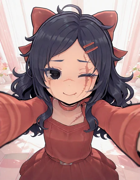 masterpiece,best quality,absurdres,very awa,highres,newest,year 2024,year 2023,<lora:illustrious_noobai_epsilon_pred_1_masterpieces_v1:0.7>,<lora:ponyv4_noob1_2_adamW:0.7>,<lora:spo_sdxl_10ep_4k-data_lora_webui:0.6>,<lora:add-detail-xl:0.35>,<lora:KonyaKarasue:0.4>,kiyama enma,fuyumurasaki,abara heiki,1girl,<lora:Mita-MiSide-4-4-Illustrious>,TinyMita,1girl,((deformed face)),scar,(black eyes),hair bow,red dress,one eye closed, happy, reaching towards viewer, outstretched arms, happy tears,