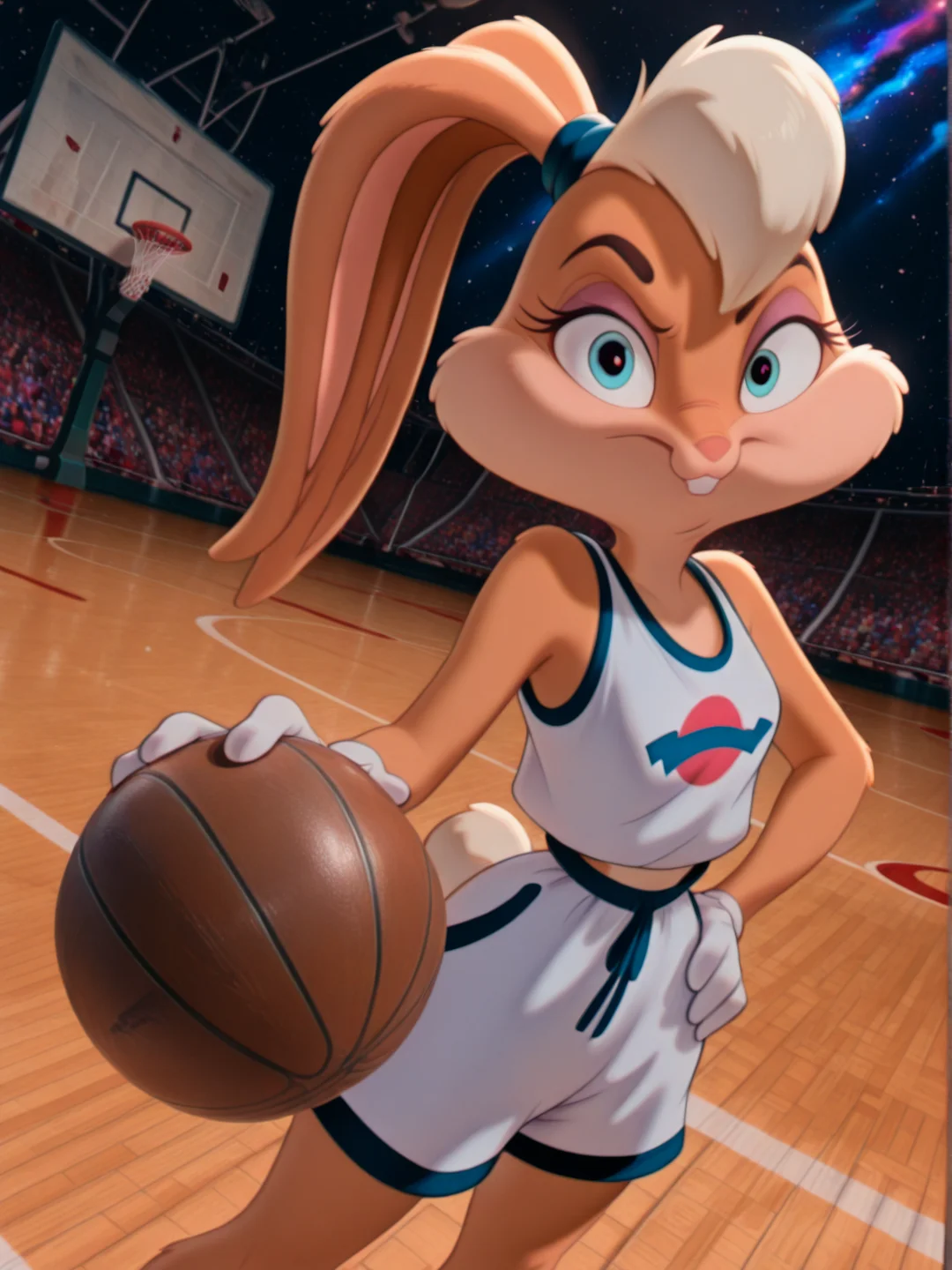 <lora:LolaIllustrious1.0:1>, best quality, masterpiece, amazing quality, very aesthetic, absurdres, (Looney_Tunes, 1girl, lola, furry female, Lola_bunny, Space_Jam), solo, furry, looking at viewer, hand on hip, holding basketball, basketball court, highly_detailed, Dynamic angle, <lora:illustriousXL_stabilizer_v1.72:0.5>, <lora:HassaKu_style:0.5>, hassaku_illu, <lora:noobai_vpred_1_masterpieces_v23:0.5>, <lora:Add_Details_v1.2:0.5>, <lora:Tiny_Toon_Adventures_style_for_Illustrious:0.5>