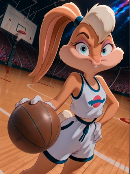 <lora:LolaIllustrious1.0:1>, best quality, masterpiece, amazing quality, very aesthetic, absurdres,  (Looney_Tunes, 1girl, lola, furry female, Lola_bunny, Space_Jam), solo, furry, looking at viewer, hand on hip, holding basketball, basketball court, highly_detailed, Dynamic angle, <lora:illustriousXL_stabilizer_v1.72:0.5>, <lora:HassaKu_style:0.5>, hassaku_illu, <lora:noobai_vpred_1_masterpieces_v23:0.5>, <lora:Add_Details_v1.2:0.5>, <lora:Tiny_Toon_Adventures_style_for_Illustrious:0.5>