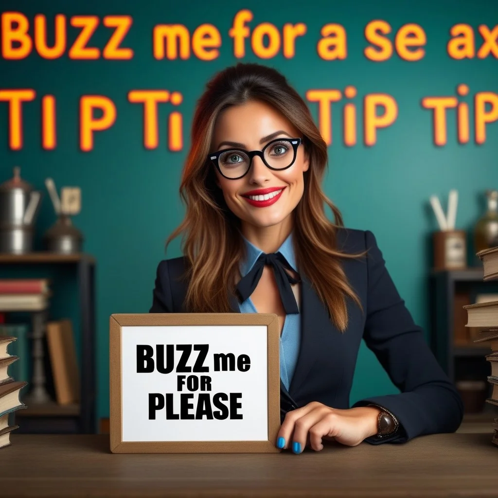 buzz, beautiful secretaty woman with glasses with a sign with text "buzz me for tip please" <lora:buzz-text:.8>