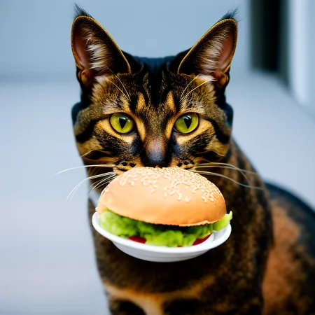 Calico cat eating a burger, KittyPic-SDv2