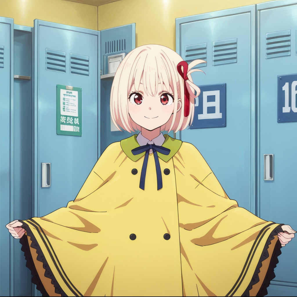 nsfw, masterpiece,best quality,amazing quality,1girl, solo,  lycoris_recoil_chisato_nishikigi, blonde hair, red eyes, ribbon, smile, hair ribbon, short hair, red ribbon, solo, bangs, bob cut, blue ribbon, raincoat, looking at viewer, yellow raincoat, poncho, one side up, neck ribbon,  closed mouth, indoor, locker, <lora:Chisato_Nishikigi_-_Lycoris_Recoil:0.7>