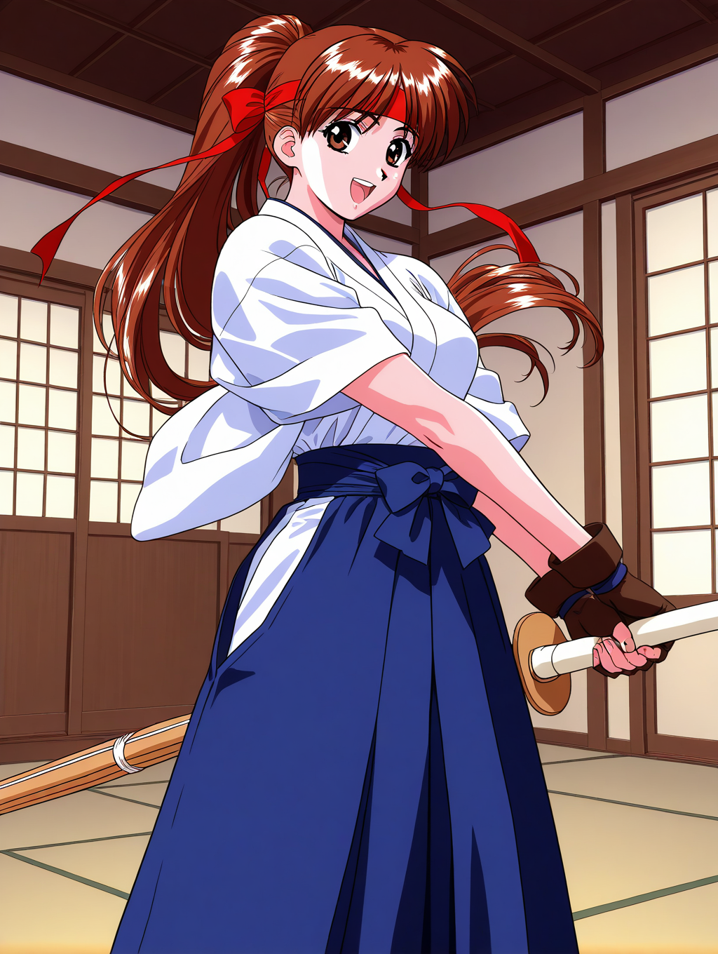general,highres, ultra-detailed,very aesthetic,best quality ,best hands,  BREAK <lora:Toudou_Asuka_VIPER-V10_IS:1> Toudou_Asuka, 1girl, solo, long hair, brown hair, brown eyes, 1990s (style), medium breasts,
headband, skirt, sword, weapon, open mouth, japanese clothes, gloves, blue hakama, hakama skirt, smile, holding, 1990s (style), looking at viewer, ponytail, shinai, teeth,
Japanese, indoors,