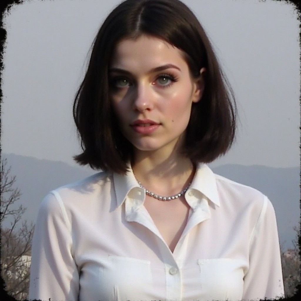 1woman,medium hair,bob cut,black hair,green eyes,white dress,necklace,Subtle vignetting,Muted tones,Overcast lighting,Light bleed,Faded edges