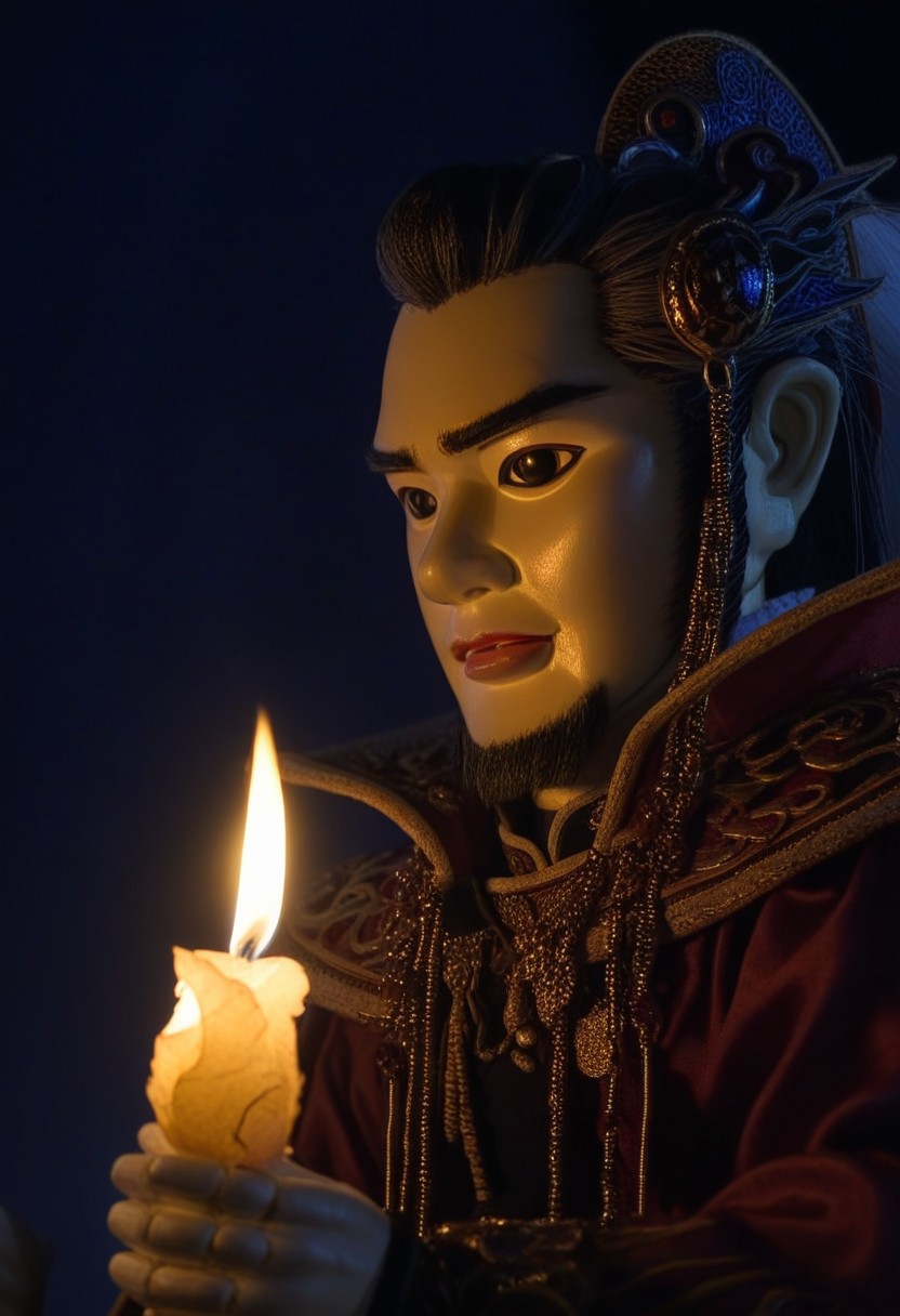 thunderboltfantasy, hIghly detailed photograph of a puppet, dan fei, inside, candlelight, soft lighting, portrait