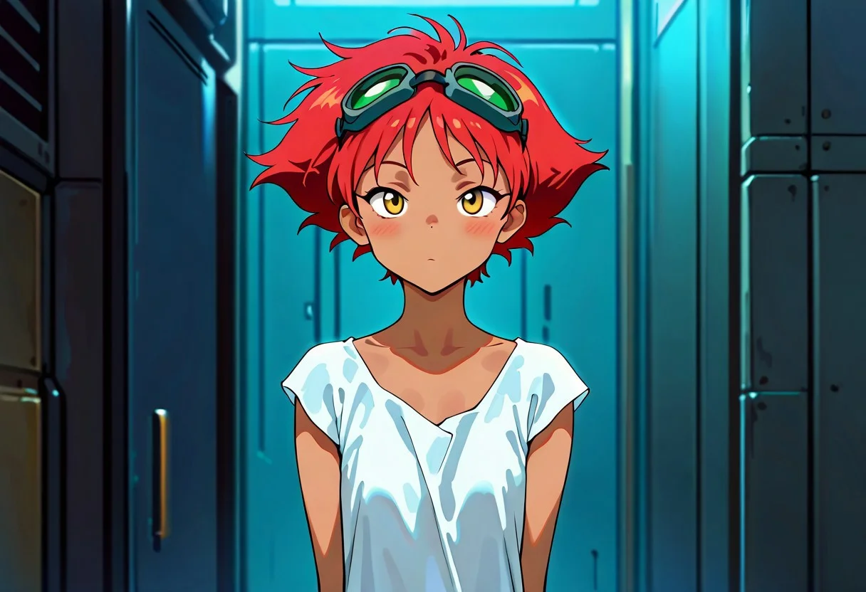 masterpiece, 1440p, 8k, UHD, amazing quality, high resolution, Radical_Ed, edward wong hau pepelu tivrusky iv, cowboy bebop, solo, 1girl, red hair, short hair, wearing dress, GOGGLES ON HEAD