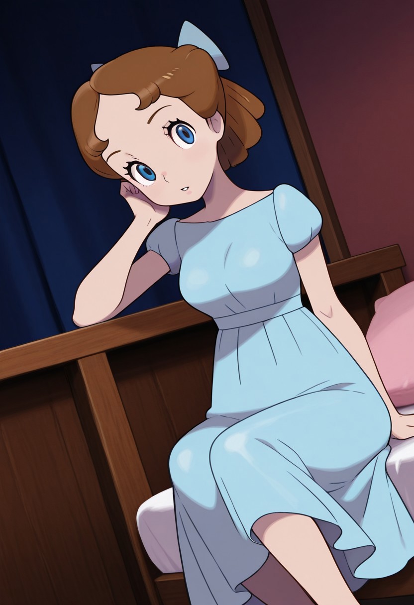 masterpiece, best quality, amazing quality, very aesthetic, absurdres,  newest, detailed background, cowboy shot,  indoors, dynamic angle, bedroom, perfect eyes, beatiful eyes
wendyxd, sugimori , jaggy lines, 1girl, short hair, brown hair, solo, sitting, head rest, blue dress, hairbow,  blue footwear, medium breasts, blue eyes, looking at viewer
