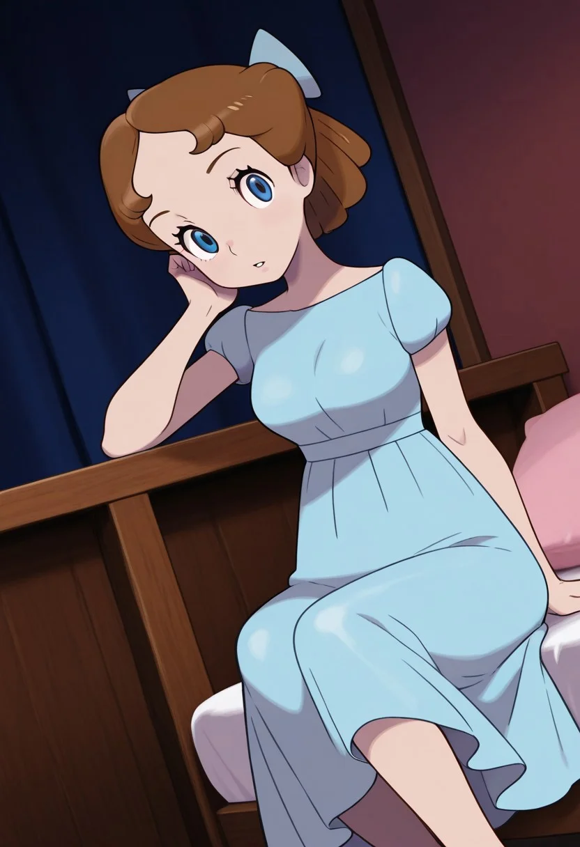 masterpiece, best quality, amazing quality, very aesthetic, absurdres, newest, detailed background, cowboy shot, indoors, dynamic angle, bedroom, perfect eyes, beatiful eyes
wendyxd, sugimori , jaggy lines, 1girl, short hair, brown hair, solo, sitting, head rest, blue dress, hairbow, blue footwear, medium breasts, blue eyes, looking at viewer