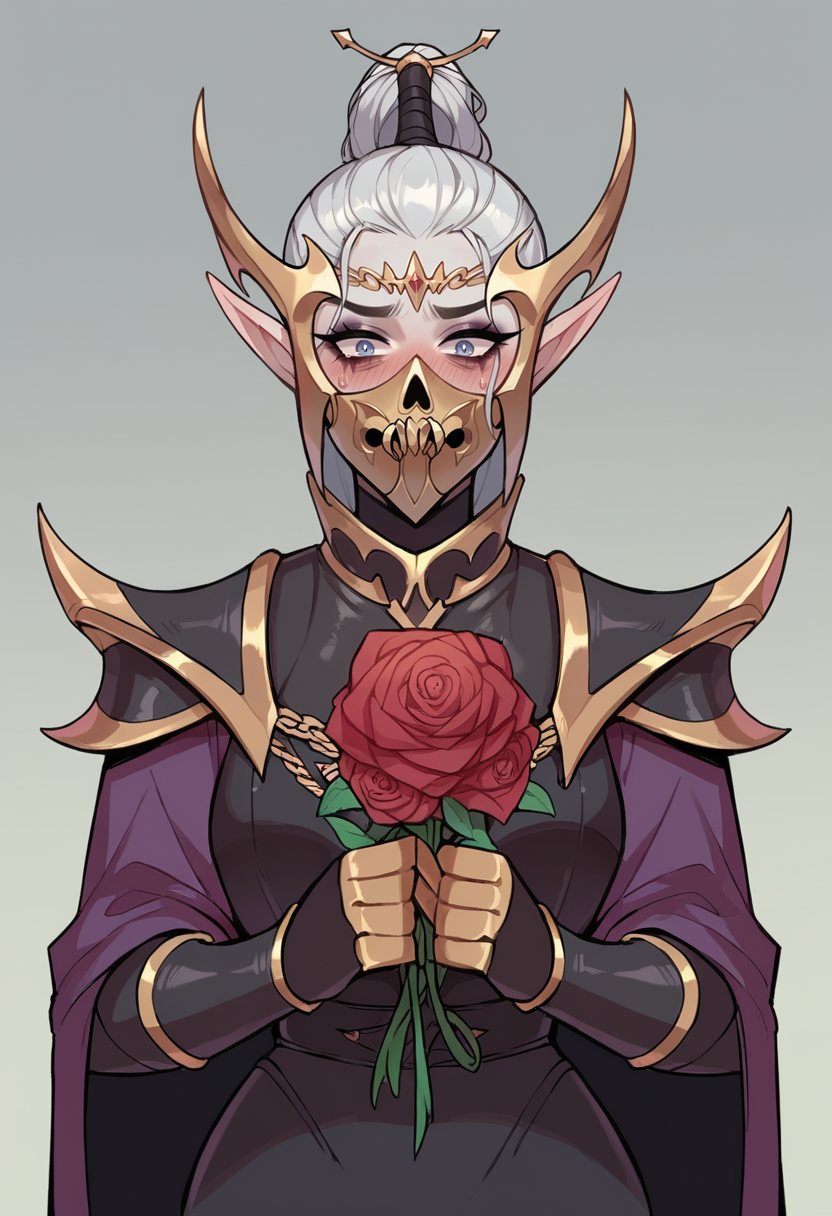 score_9, score_8_up, score_7_up,
DreadLord, elf, woman, solo, pale gray skin, white hair, helmet, mask,
holding a boquet of roses, blushing, embarrassed,
<lora:Dark_Elf_Dreadlord_PonyXL_Total_War_Warhammer:0.8>