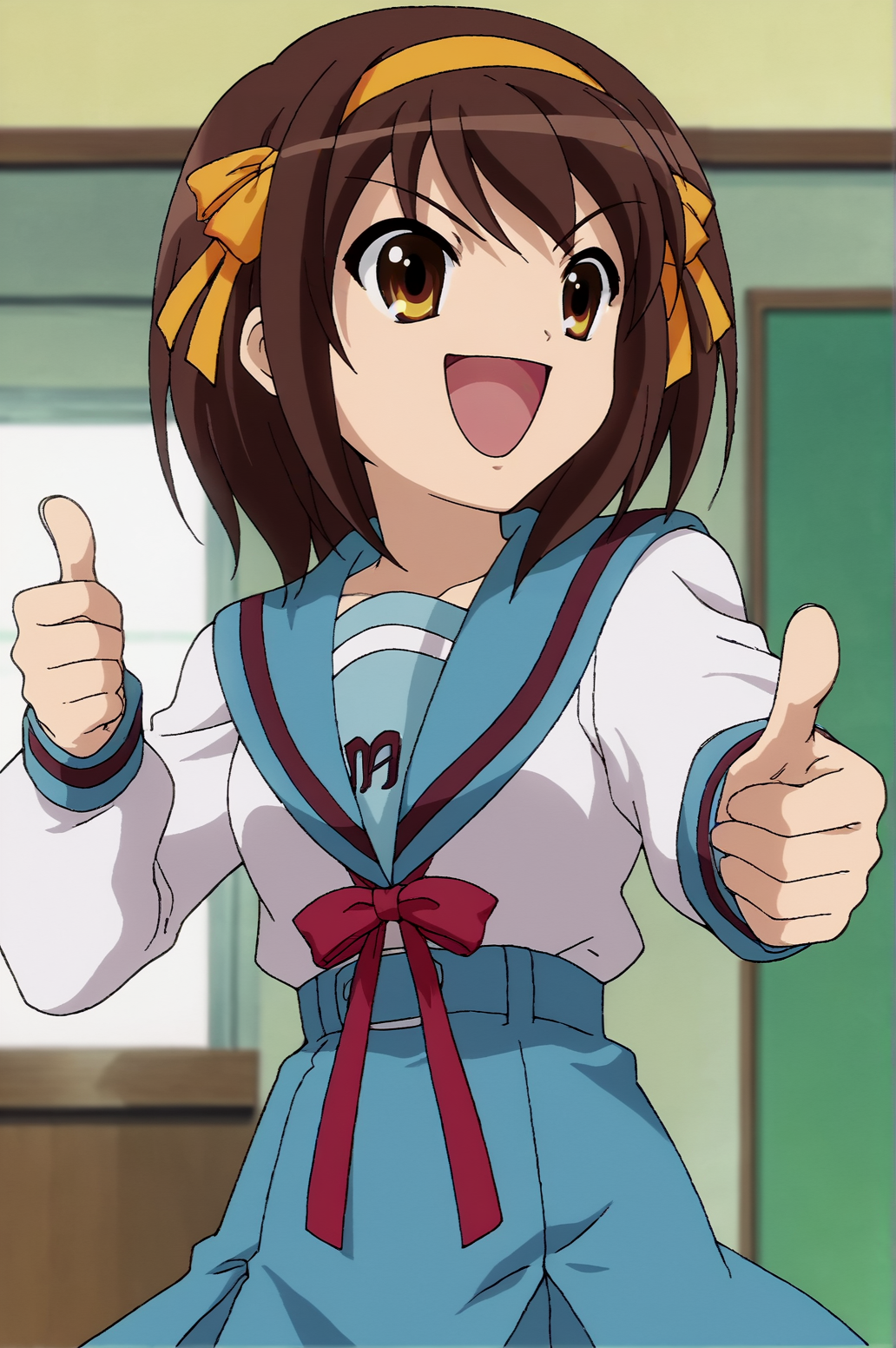 score_9, score_8_up, score_7_up,anime_source, source_anime, best background, detailed background, anime screencap,  haruhi suzumiya, Haruhi Suzumiya, Student Uniform, thumbs up, solo, dynamic angle, happy, looking away, indoors, <lora:JN_Haruhi_Suzumiya:0.8>