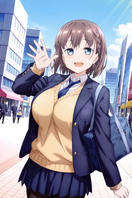 anime screenshot, 1girl, solo, ai-chan (tawawa), brown hair, short hair, braid, hair ornament, aqua eyes, large breasts, school uniform, blazer, blue jacket, open jacket, white shirt, collared shirt, yellow sweater, long sleeves, blue necktie, blue skirt, pleated skirt, black pantyhose, school bag, looking at viewer, smile, open mouth, hand up, open hand, cowboy shot, outdoors, city blue sky, day, masterpiece, best quality, high quality, highres, absurdres, <lora:ai-chan_tawawa-s1_ILXL:0.9>