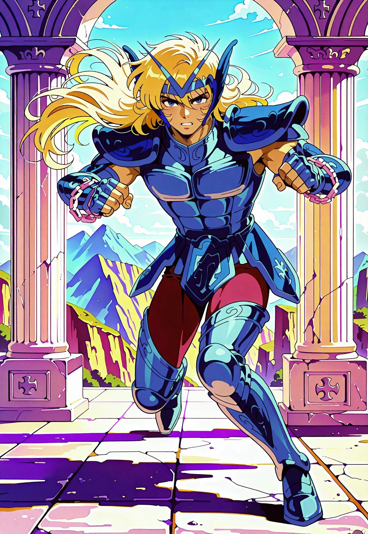 masterpiece,best quality,amazing quality, cephalbioreilxl, 1boy, male focus, toned male, blue eyes, wavy long hair, blonde hair, blue circlet, blue pauldrons, blue breastplate, elbow length vambraces, blue faulds, maroon pants, thighhigh greaves, fingerless gloves, chains, action pose, looking at viewer, full body,  mediterranean backdrop, greek pillars