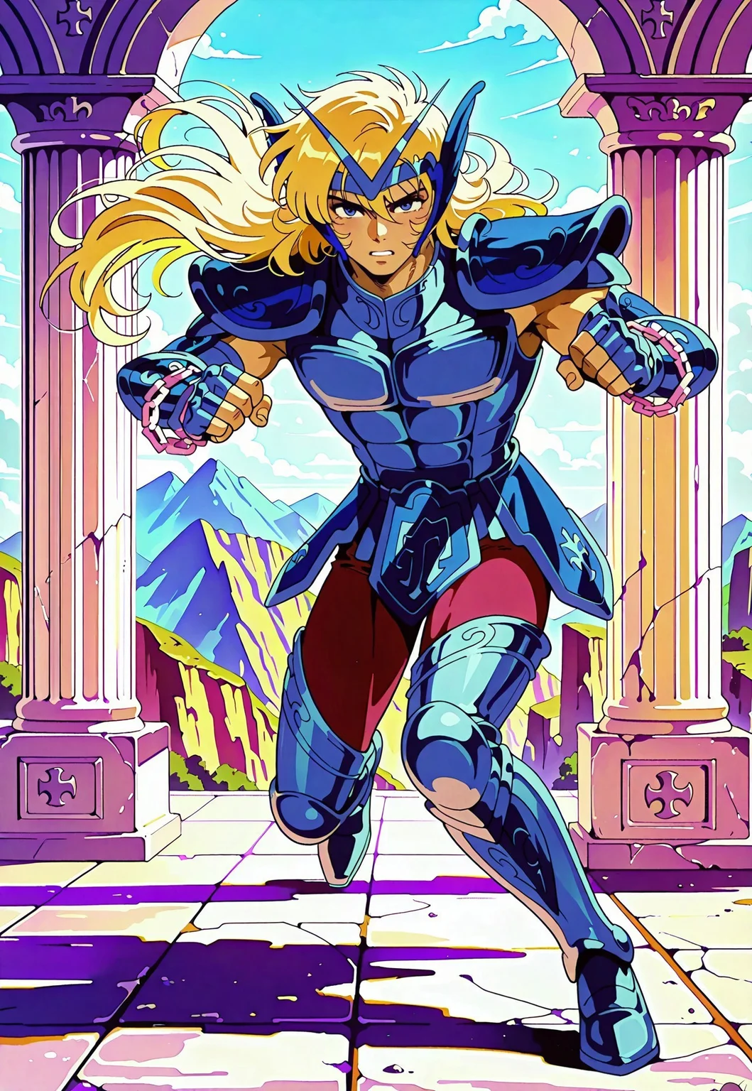 masterpiece,best quality,amazing quality, cephalbioreilxl, 1boy, male focus, toned male, blue eyes, wavy long hair, blonde hair, blue circlet, blue pauldrons, blue breastplate, elbow length vambraces, blue faulds, maroon pants, thighhigh greaves, fingerless gloves, chains, action pose, looking at viewer, full body,  mediterranean backdrop, greek pillars