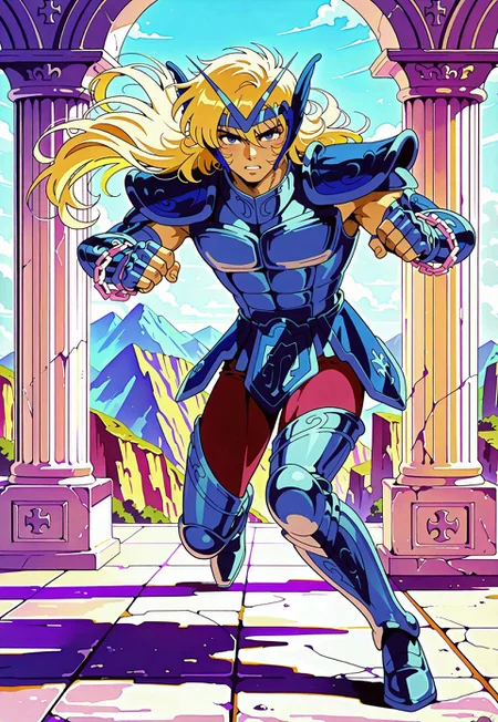masterpiece,best quality,amazing quality, cephalbioreilxl, 1boy, male focus, toned male, blue eyes, wavy long hair, blonde hair, blue circlet, blue pauldrons, blue breastplate, elbow length vambraces, blue faulds, maroon pants, thighhigh greaves, fingerless gloves, chains, action pose, looking at viewer, full body,  mediterranean backdrop, greek pillars