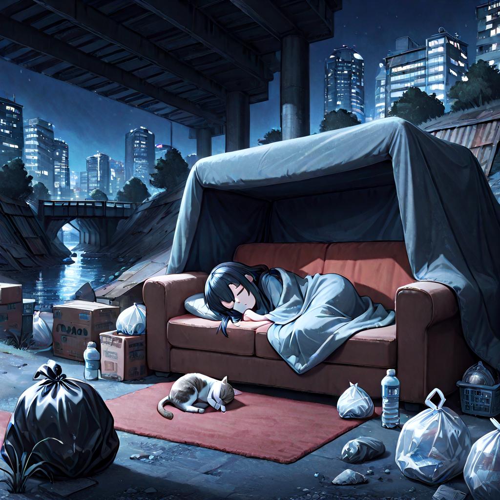 absurdres, explicit, shack under bridge, deep shadow, lying on sofa, sleeping, 1girl, light frown, blanket, covering with blanket, cat, box, fog, city, tree, rock, weeds, ruins, river, water, building, scenery, outdoors, trash bag, water bottle, awning, night, night sky, city lights,<lora:girlhateshackunderbridge_ilxl:1>
