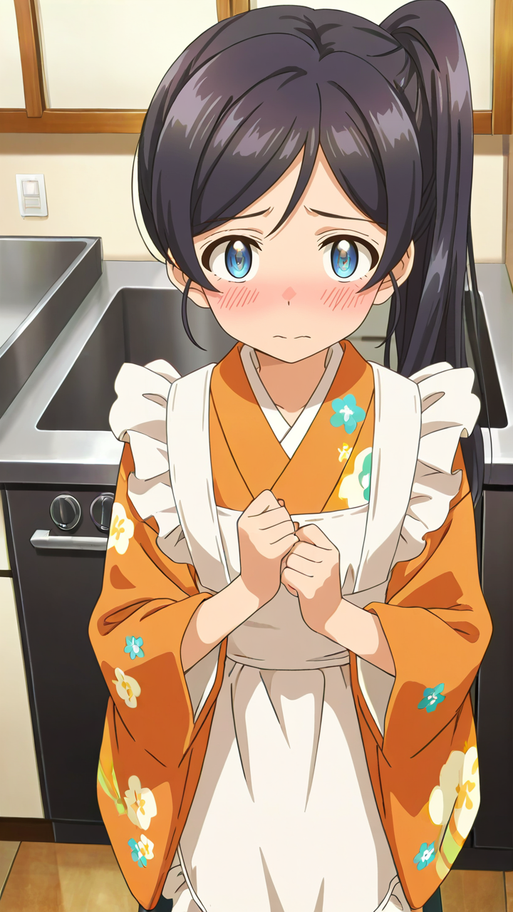 anime screenshot,1girl,blush,full_shot,looking_at_viewer,solo,shy,skinny,Ruri,<lora:Ruri_Illustrious_v1:1>,japanese clothes,kimono,looking_up,kitchen,from_above,, masterpiece, best quality
