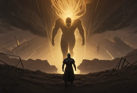 <lora:Layout1_IL:1>, layout1, masterpiece, best quality, amazing quality, very aesthetic, absurdres, newest, colossal_entity, glowing_fog, emerging_god, divine_appearance, smoke_clouds, rocky_terrain, dramatic_lighting, silhouette_figure, back_view, epic_fantasy_scene, golden_light, supernatural_scale, cinematic_composition