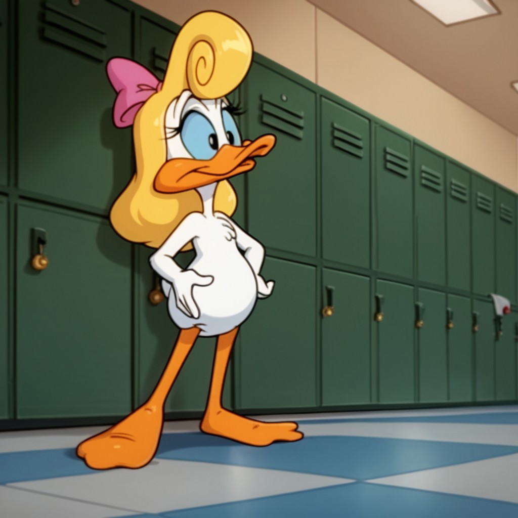 score_9, score_8_up, score_7_up, score_6_up, score_5_up, score_4_up, source_furry, Shirleytta, semi-anthro, female, duck, blonde hair, blue sclera, black eyes, white feathers,  locker room, standing