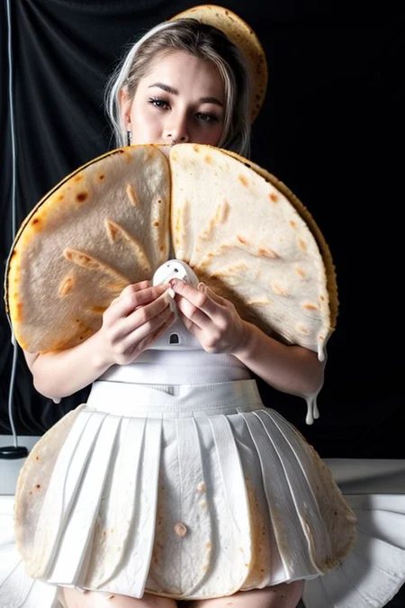 1girl, dripping, (white slime:1.3), kneeling, realistic, pretty, closeup, office, office uniform, pencil skirt, (white skirt:1.8), (eating a taco), (huge taco:1.6), (looking at viewer:1.5), (dimly lit:1.4), fashion photography, intricatedetails, taco with cheese, mariachi band in background,  (black slime sauce)