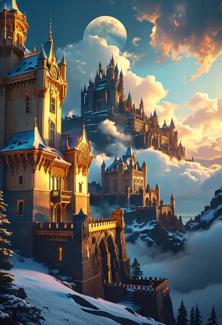bright colorful, ultra fine detail, swirling clouds, Artstation trending, art nouveau, raytracing, highly detailed and intricate, golden ratio, dark gradient ink with intricate designs, hypermaximalist, luxury, elite, English castle, majestic, defended, snow, ephemeral, opalescenct, labradorite, cinematic, cgsociety : sunbleached, high definiton. mountain, night time, full moon