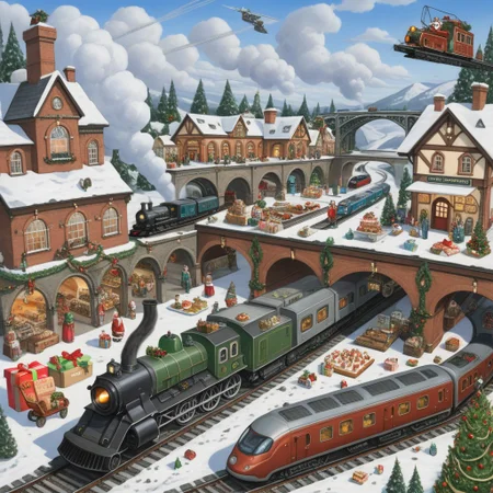 train station, bridge, window, science fiction, traditional media, motor vehicle, day, vehicle focus, road, gift, railway, christmas, food, cloud, box, cake, fireplace, plant, weapon, snow