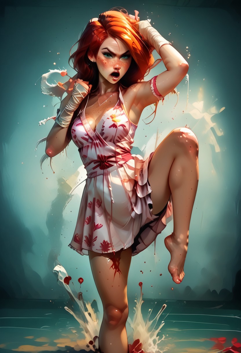 score_9, score_8_up, score_7_up, score_6_up, score_5_up, score_4_up, 
BREAK
picture-perfect, best quality, detailed shading, depth_of_field, cinematic lighting, (cowboy view), 
BREAK
1girl, kim_pos_V2, kim_pos_V2_face, kim_pos_V2_body, long red hair, 18 years old, (stunning green eyes), (skin detail, freckles, moles on skin:1.4), 
BREAK
1boy, ninja, ninja outfit, shadowed, fighting stance, sword, dodge girl
BREAK
1girl, leaping flying karate kick ninja, feet off ground, ((teep fighting stance,martial arts, incoming attack, ((mid air, dynamic, motion blur, blood splashes)))), perfect makeup, ((random hairstyle, cotton sundress with floral print)), 
BREAK
(:1.2), 
BREAK
(:1.2)
BREAK
full view shot, (stable, haybales, golden sunlight, detailed multi-layered background),