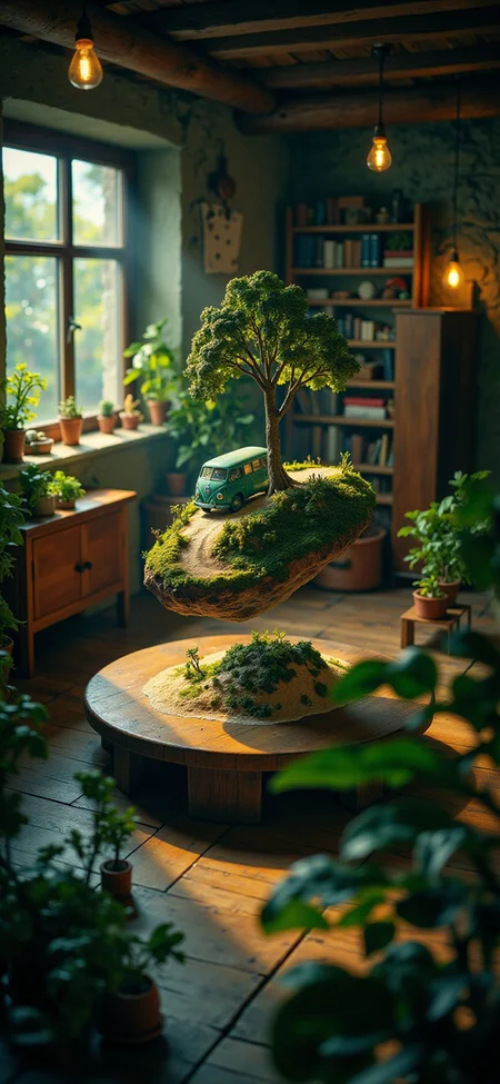 (indoor,very wide isometric view,tilt-shift lens:1.6), (windowless,fna_style,miniature,miniature,diorama,miniature,diorama,PVC,plastic:2),starry night jungle,beach,1950s town with bus  at (floating island,levitating  island:1.5) on (table:2) at (attic:2.5)   <lora:Diorama_Flux:1>
 <lora:Fantasy_Novel_Art_Style:1>